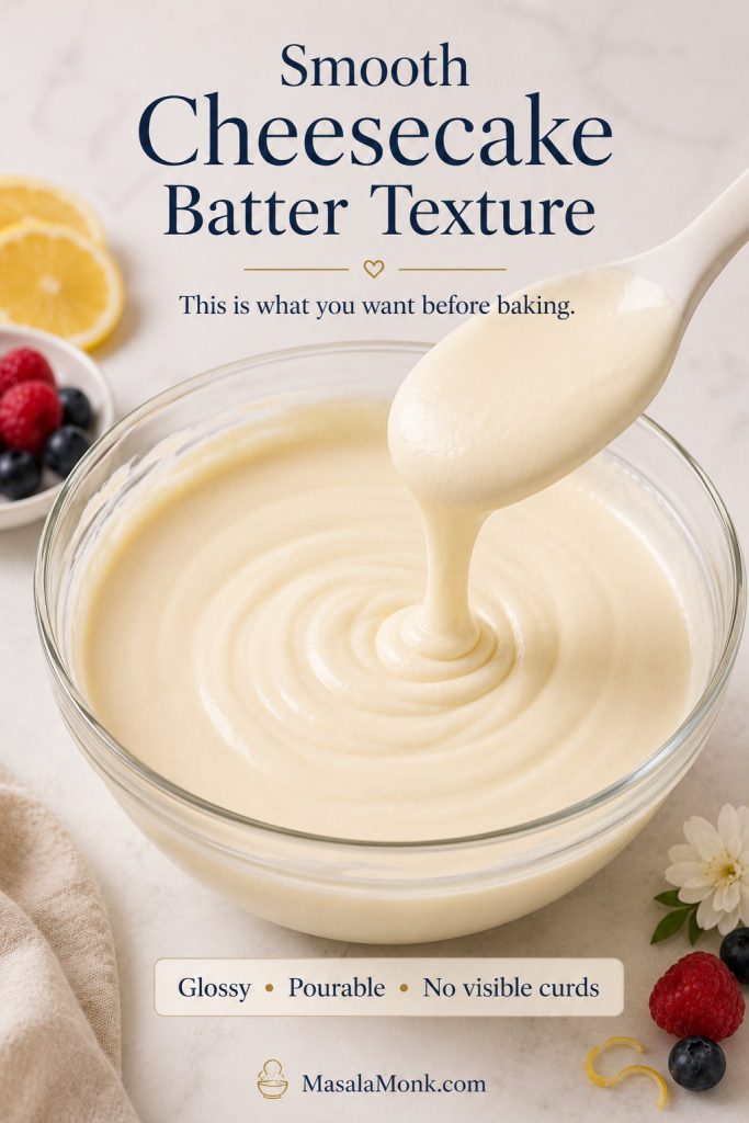 Smooth cottage cheese cheesecake batter lifting from a spatula in a glossy ribbon