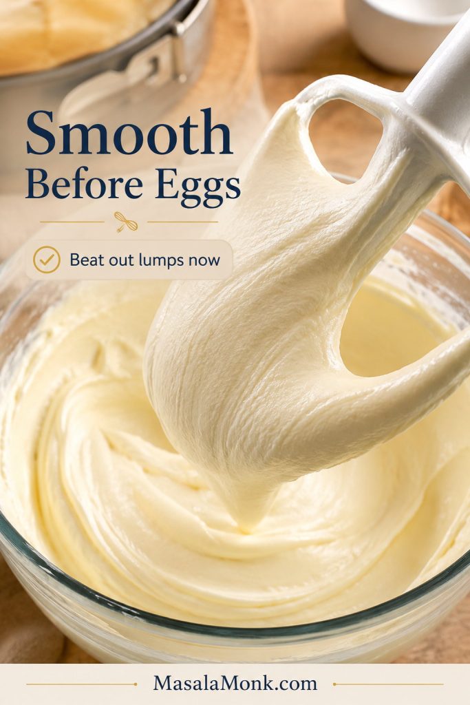 Smooth cream cheese mixture on a mixer paddle before eggs are added to the cheesecake filling.