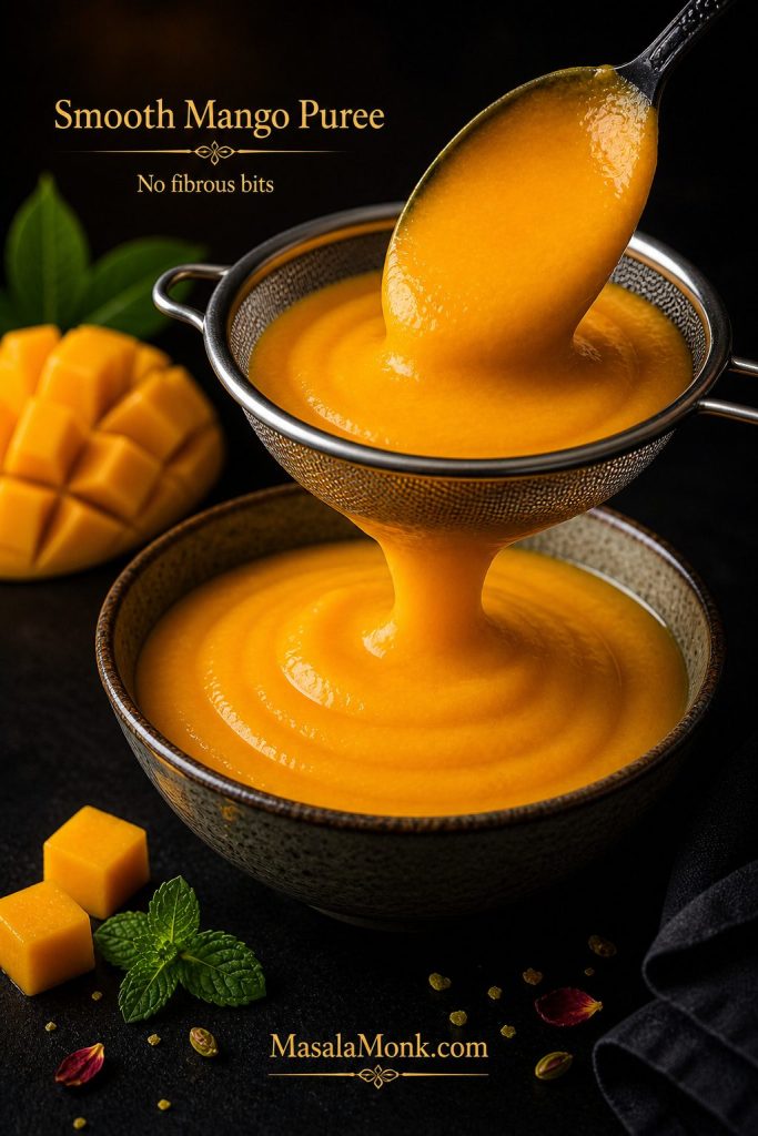 Smooth mango puree being pushed through a sieve into a bowl, with mango pieces nearby on a dark surface.