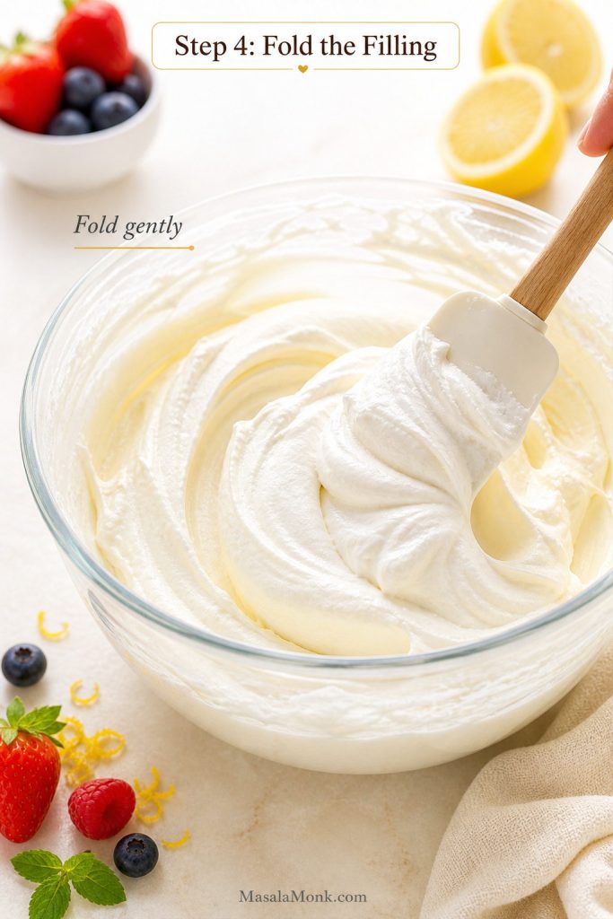 Thick cheesecake filling being folded with a spatula in a glass mixing bowl