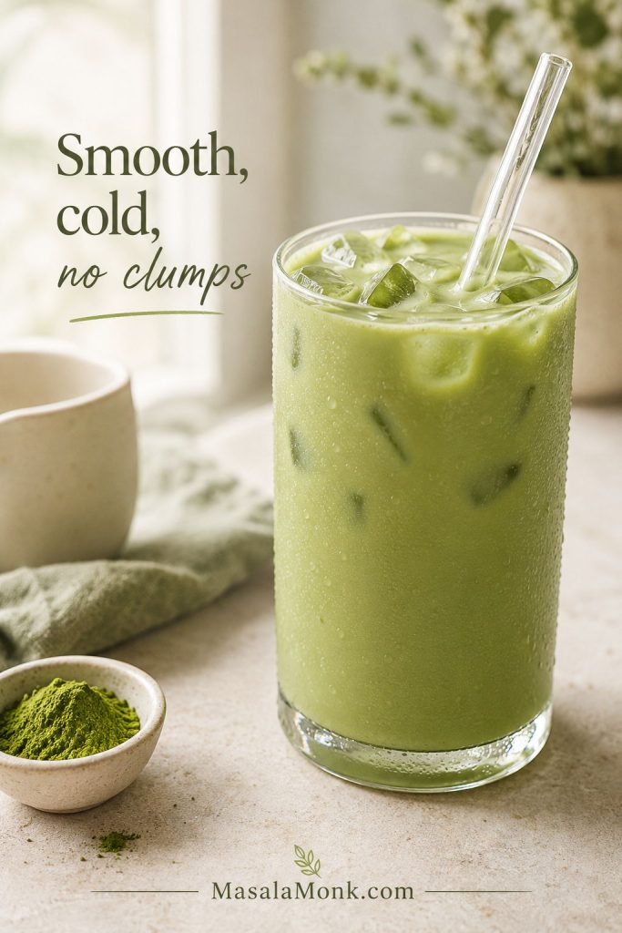 Close-up of a smooth iced matcha latte with ice and no visible matcha clumps