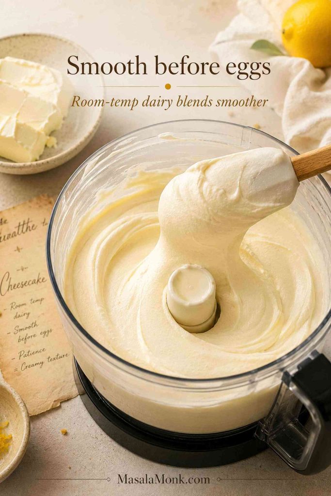 Smooth ricotta and cream cheese mixture in a bowl with a spatula lifting the creamy base