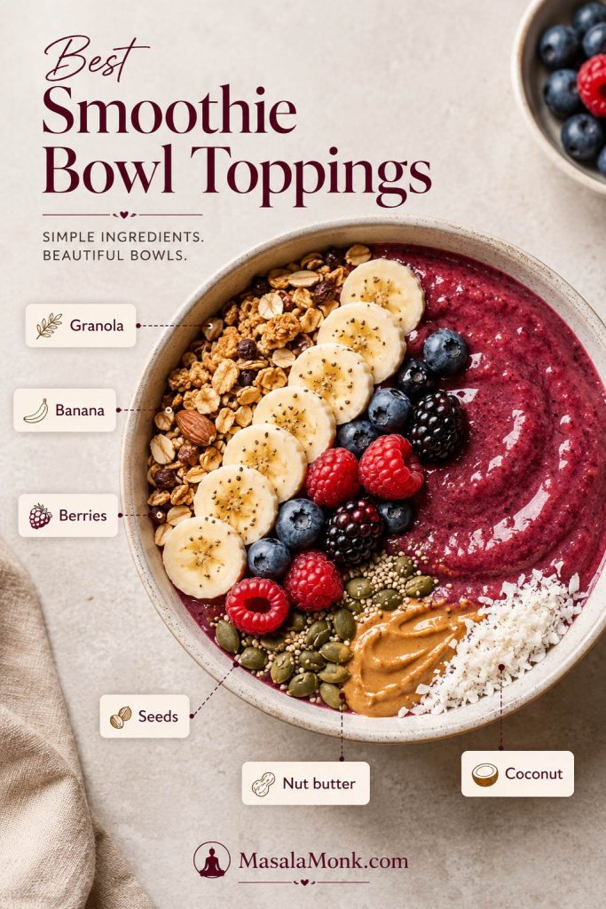 Smoothie bowl toppings guide showing granola, banana, berries, seeds, nut butter, and coconut on a berry smoothie bowl.