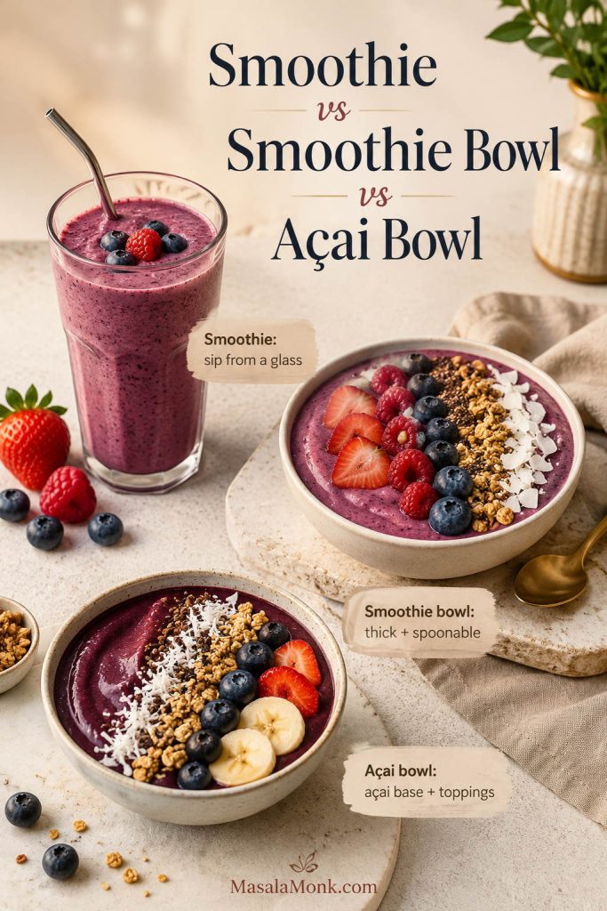 Comparison of a berry smoothie in a glass, a berry smoothie bowl, and an açai bowl with toppings.