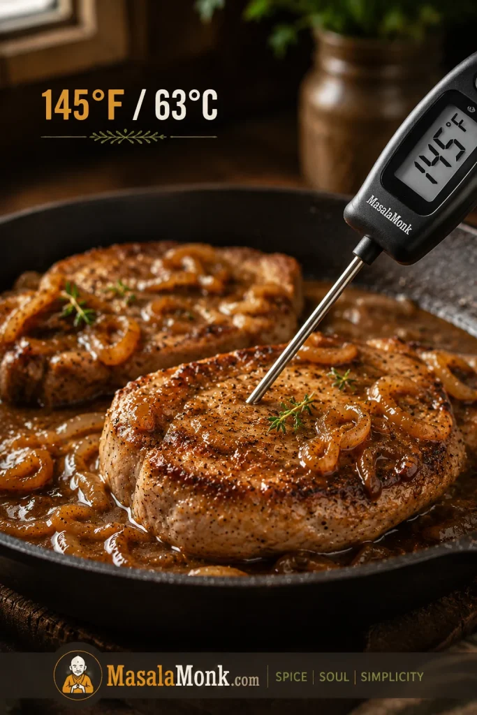 Instant-read thermometer in a smothered pork chop showing 145°F.
