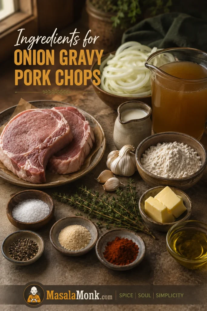 Ingredients for smothered pork chops arranged on a prep surface, including pork chops, onions, garlic, flour, stock, cream, butter, and seasonings.