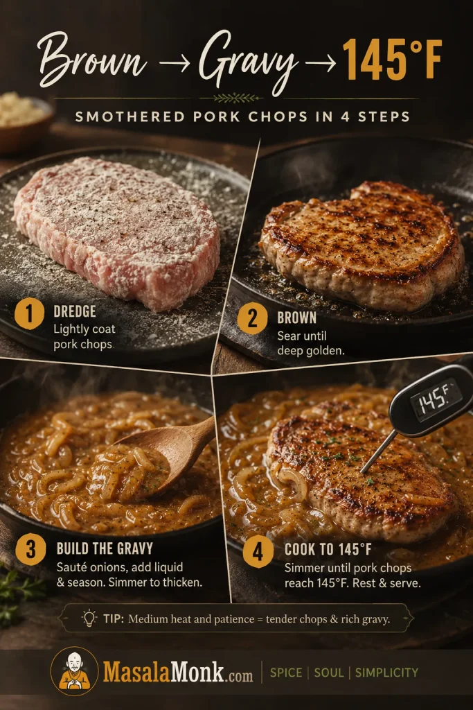 Four-step visual guide showing dredged pork chops, skillet browning, onion gravy, and a 145 degree thermometer check.