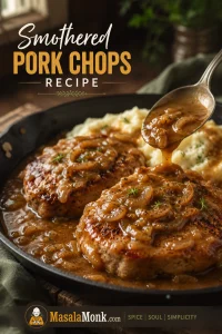 Golden-brown smothered pork chops covered with onion gravy, served with mashed potatoes in a warm skillet-style setting.