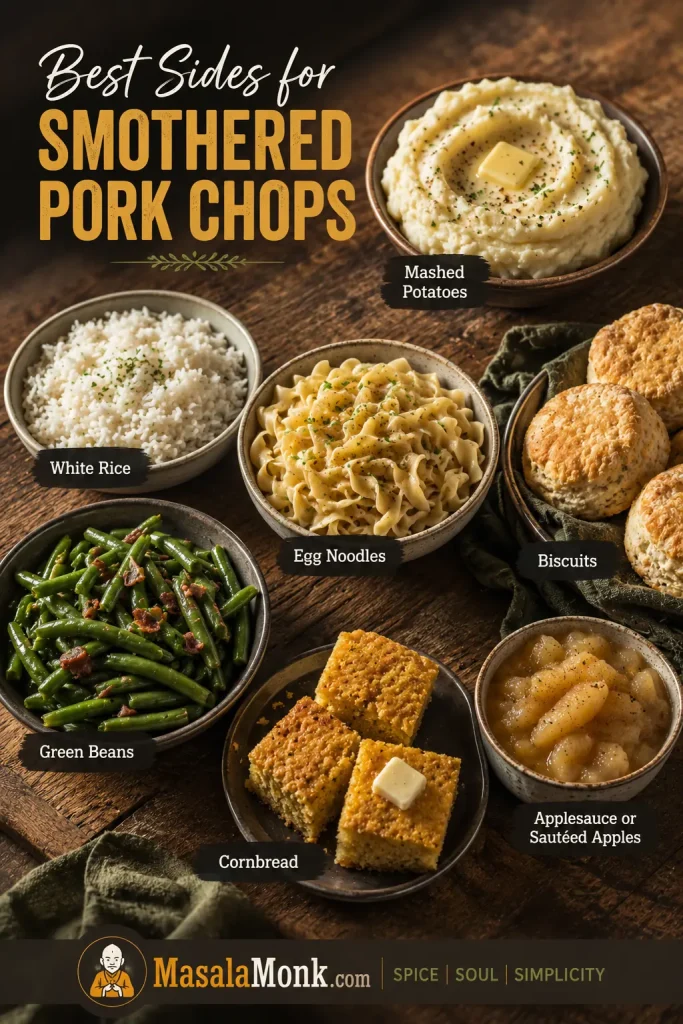 Side dishes for smothered pork chops, including mashed potatoes, rice, noodles, biscuits, green beans, cornbread, and apples.
