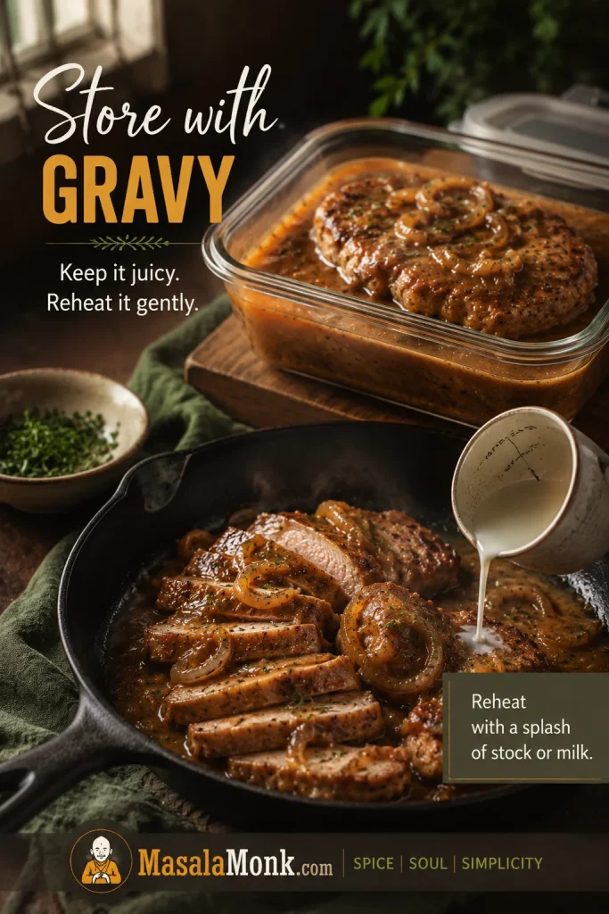 Smothered pork chops stored in gravy in a glass container and sliced leftovers reheating in a skillet with added liquid.
