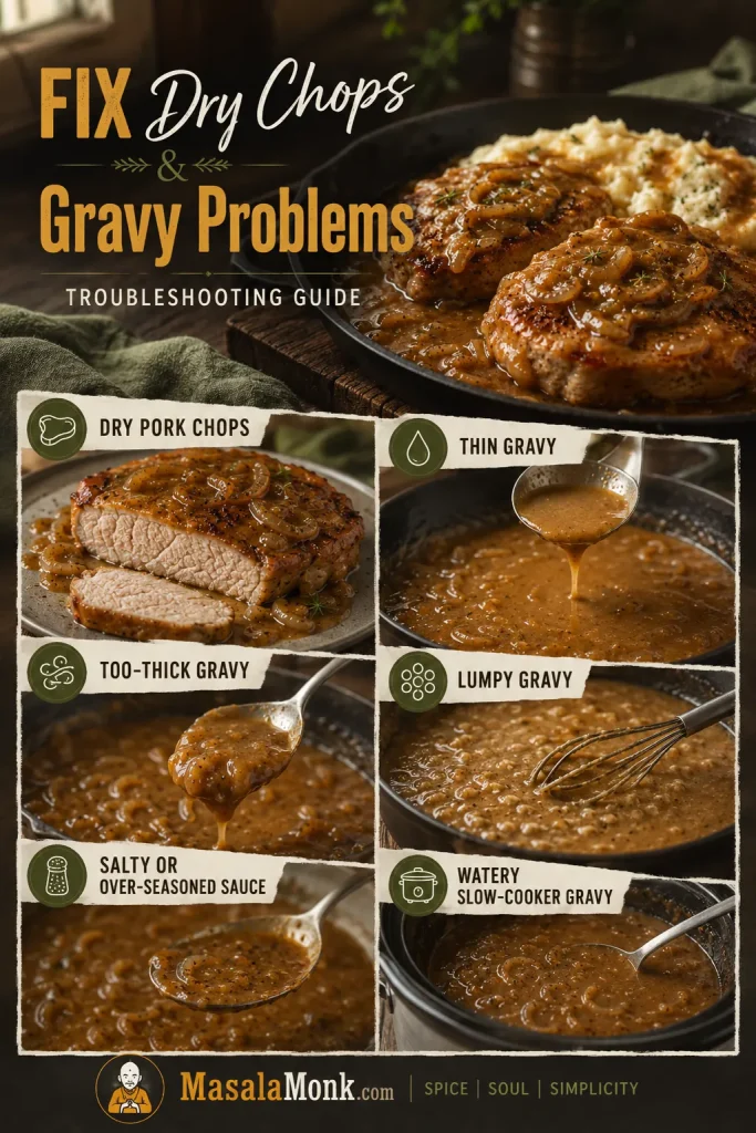 Troubleshooting guide for dry pork chops, thin gravy, thick gravy, lumpy gravy, salty sauce, and watery slow-cooker gravy.
