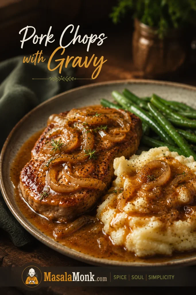 Smothered pork chop with onion gravy served beside mashed potatoes and green beans.