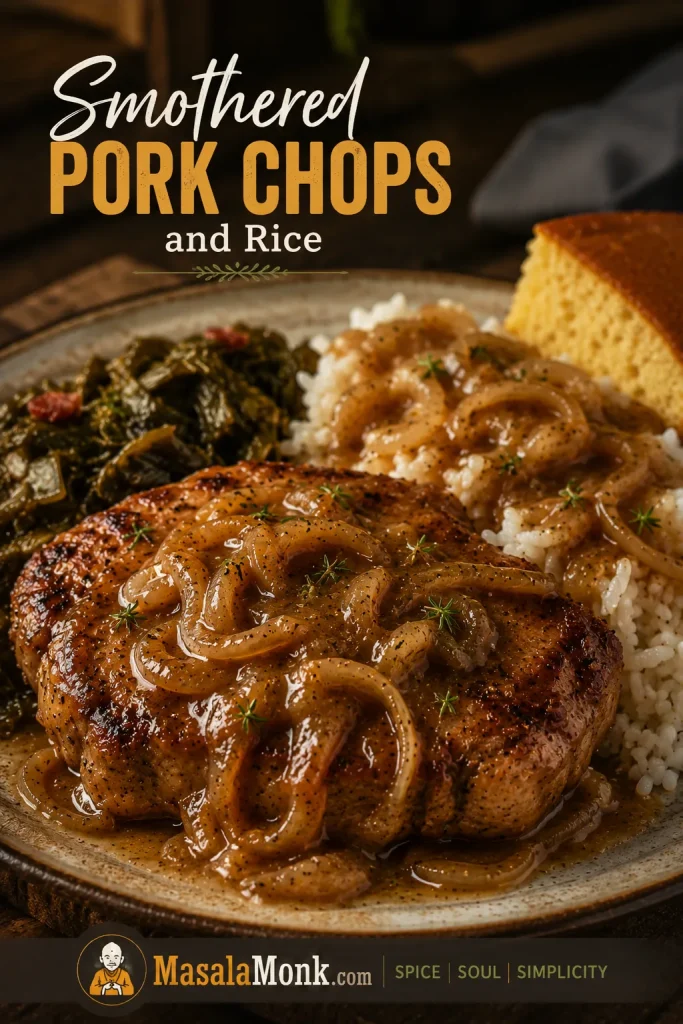 Southern-style smothered pork chop with onion gravy served over white rice with collard greens and cornbread.