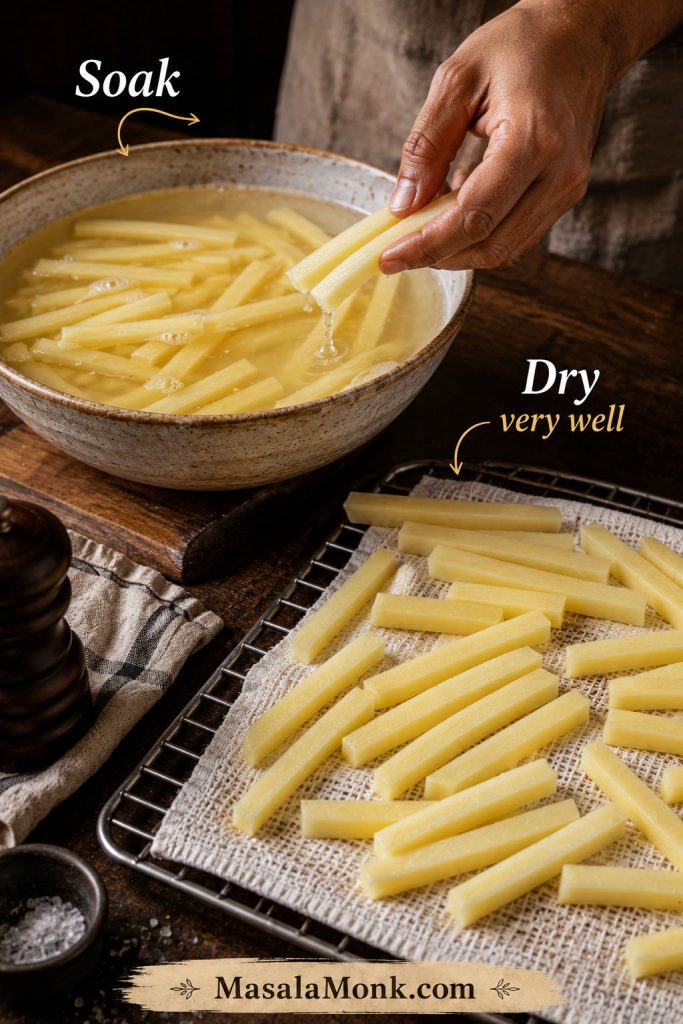 Cut potatoes soaking in water and drying on a towel before being battered and fried.