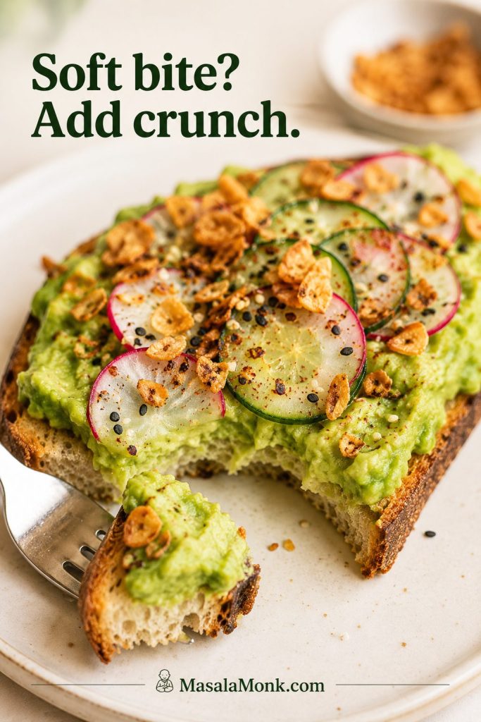 Crunch fix for avocado toast with cucumber, radish, crispy garlic, seeds, and a fork bite showing crisp bread.