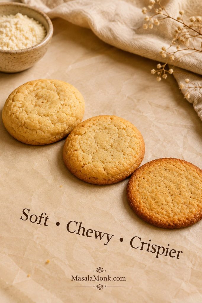 Soft, chewy, and crispier almond flour cookies shown side by side on parchment.