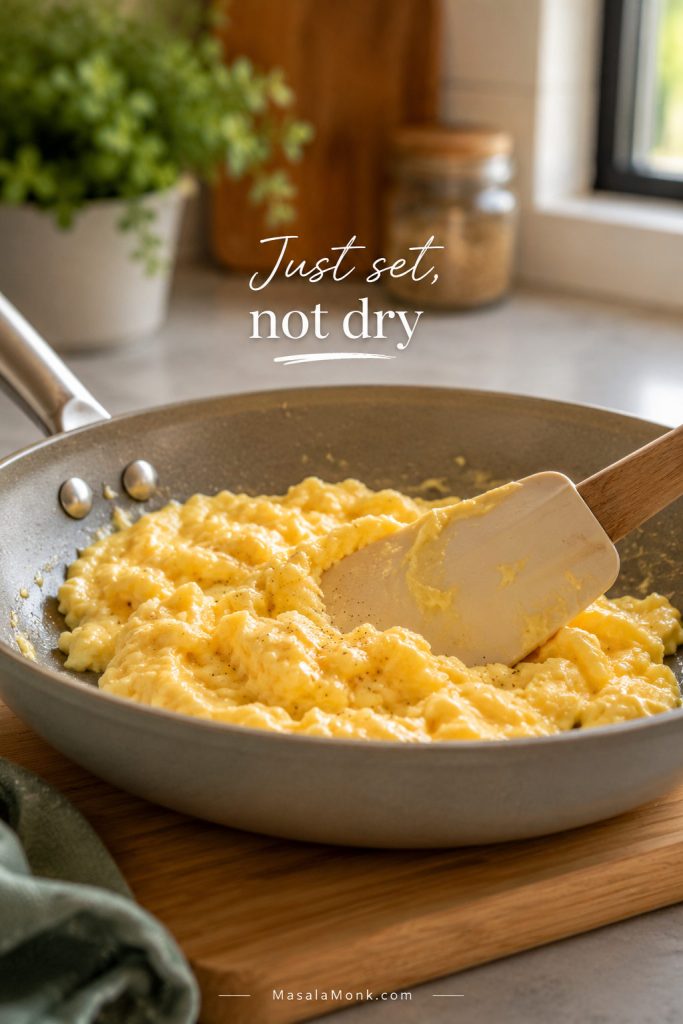 Soft scrambled eggs being folded in a skillet until just set for freezer breakfast burritos.