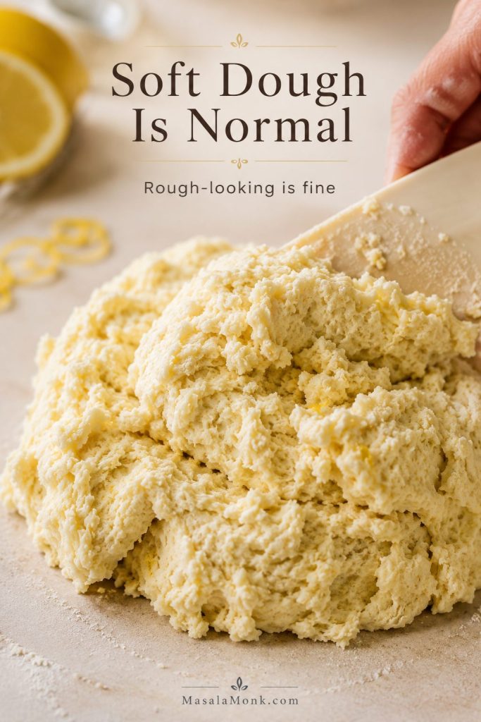 Soft rough lemonade scone dough in a mixing bowl with a spatula, showing a slightly messy texture rather than a smooth dough ball.