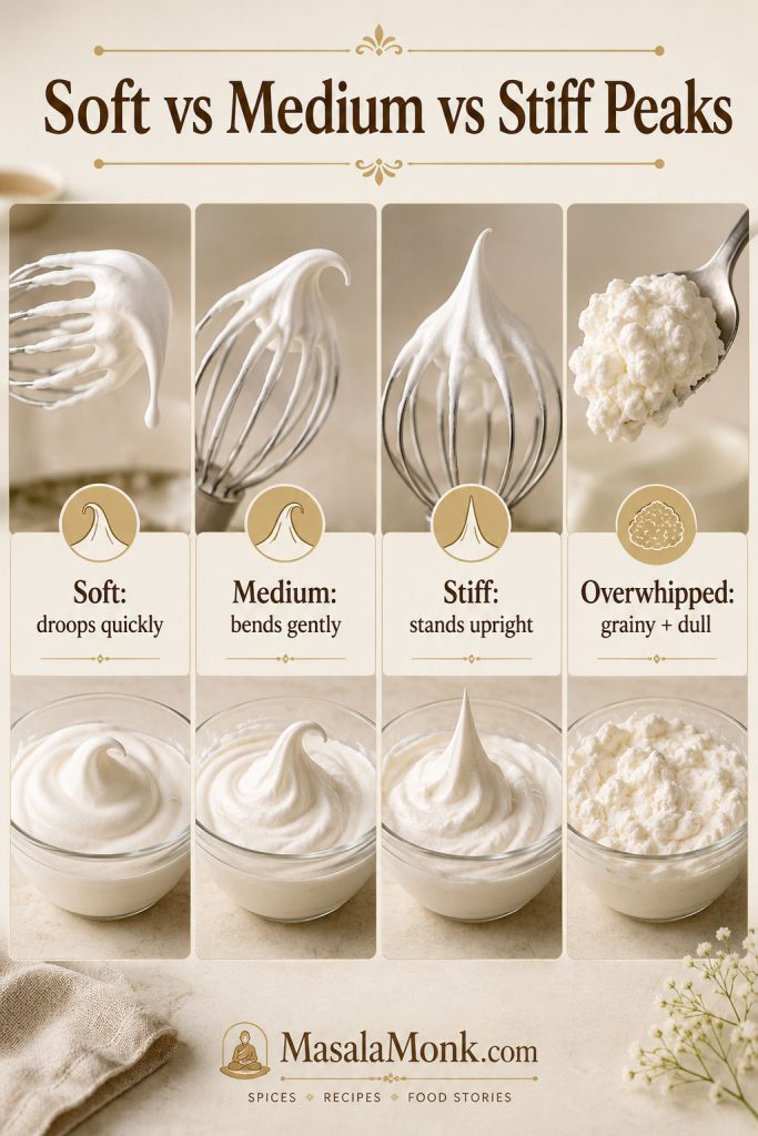 Comparison of soft peaks, medium peaks, stiff peaks, and overwhipped whipped cream with labeled texture examples.