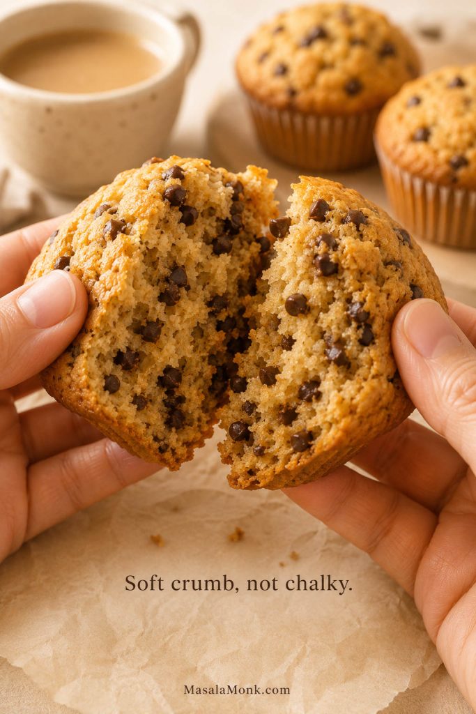 Close-up of a high protein muffin torn open to show a soft moist crumb with chocolate chips.
