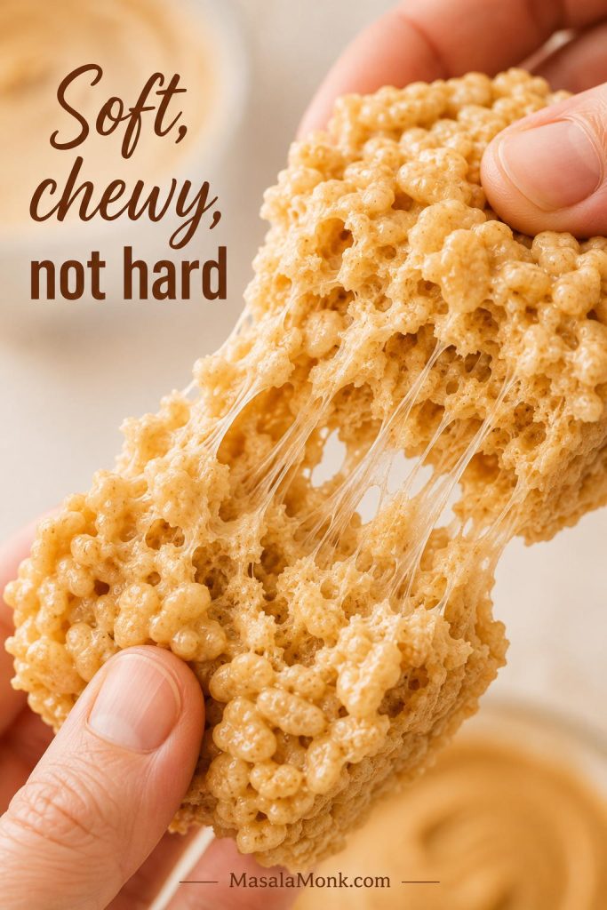 Close-up of a hand pulling apart a soft peanut butter rice crispy treat with marshmallow threads and airy cereal pieces.