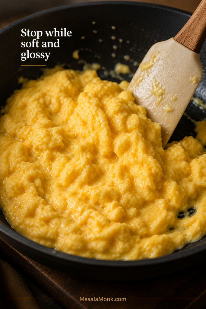 Soft scrambled eggs cooking in a skillet with a spatula, showing a glossy texture