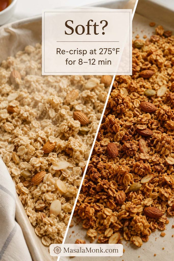 Diagonal comparison of pale soft granola and golden crunchy granola with a note about re-crisping at 275 degrees Fahrenheit.