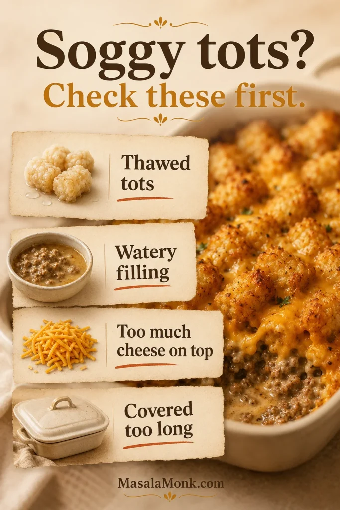 Common mistakes that make tater tot casserole soggy, including thawed tots, watery filling, too much cheese on top, and covering too long