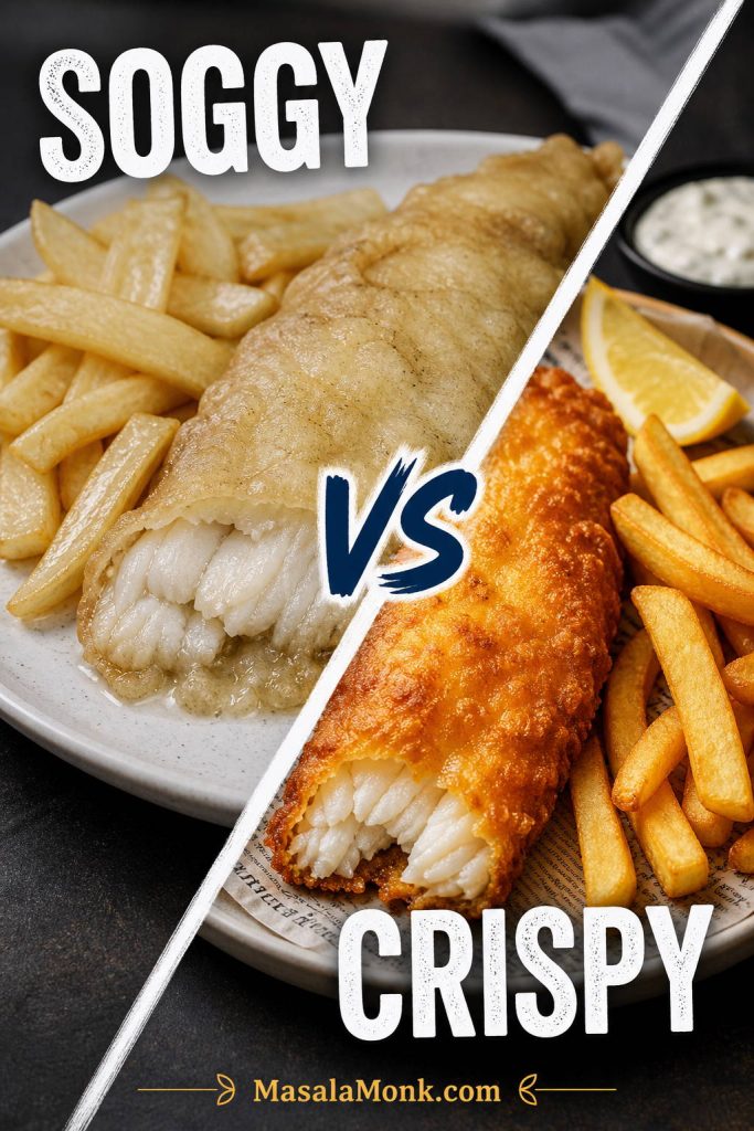 Side-by-side comparison of soggy fish and chips and crispy golden fish and chips.