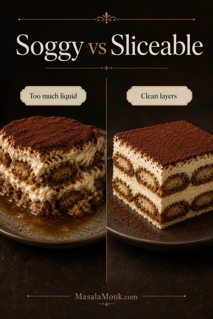 Soggy tiramisu with liquid pooling beside sliceable tiramisu with clean cream and ladyfinger layers.