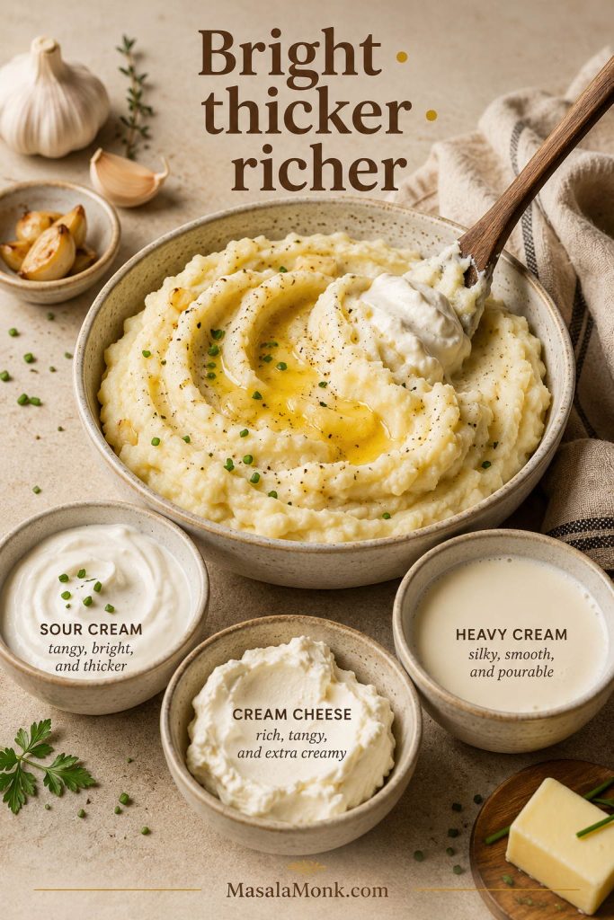 Garlic mashed potatoes with sour cream, cream cheese, and heavy cream in small bowls around the main bowl.