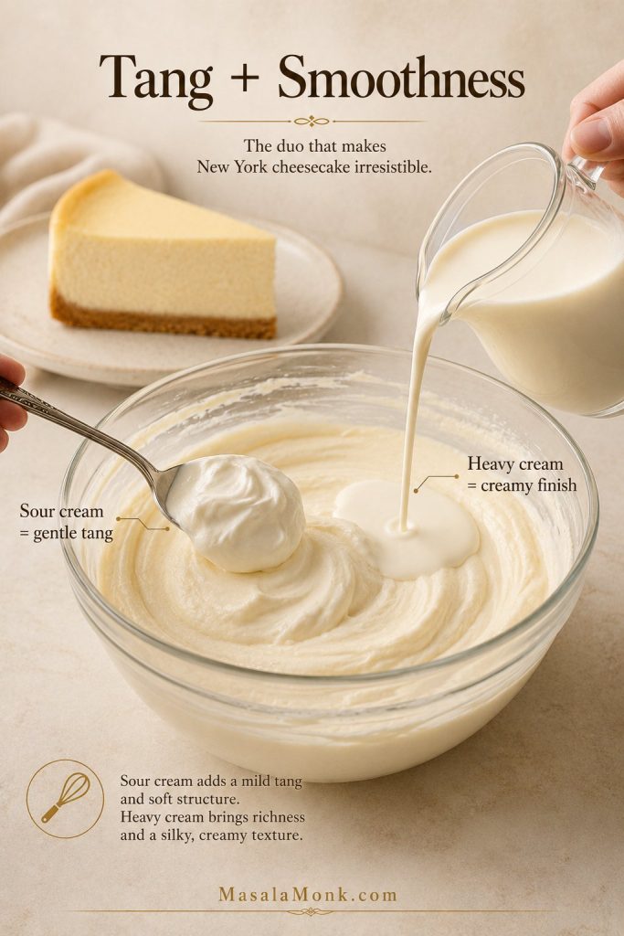 Sour cream and heavy cream being added to cheesecake filling to show tang and smoothness.
