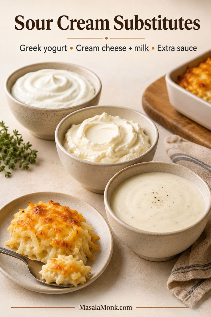Sour cream substitutes for hashbrown casserole including Greek yogurt, cream cheese with milk, and extra sauce.