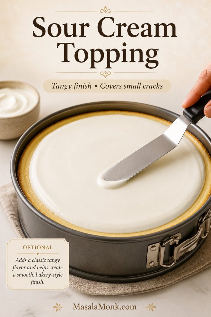 Sour cream topping being spread smoothly over a baked New York cheesecake with an offset spatula.