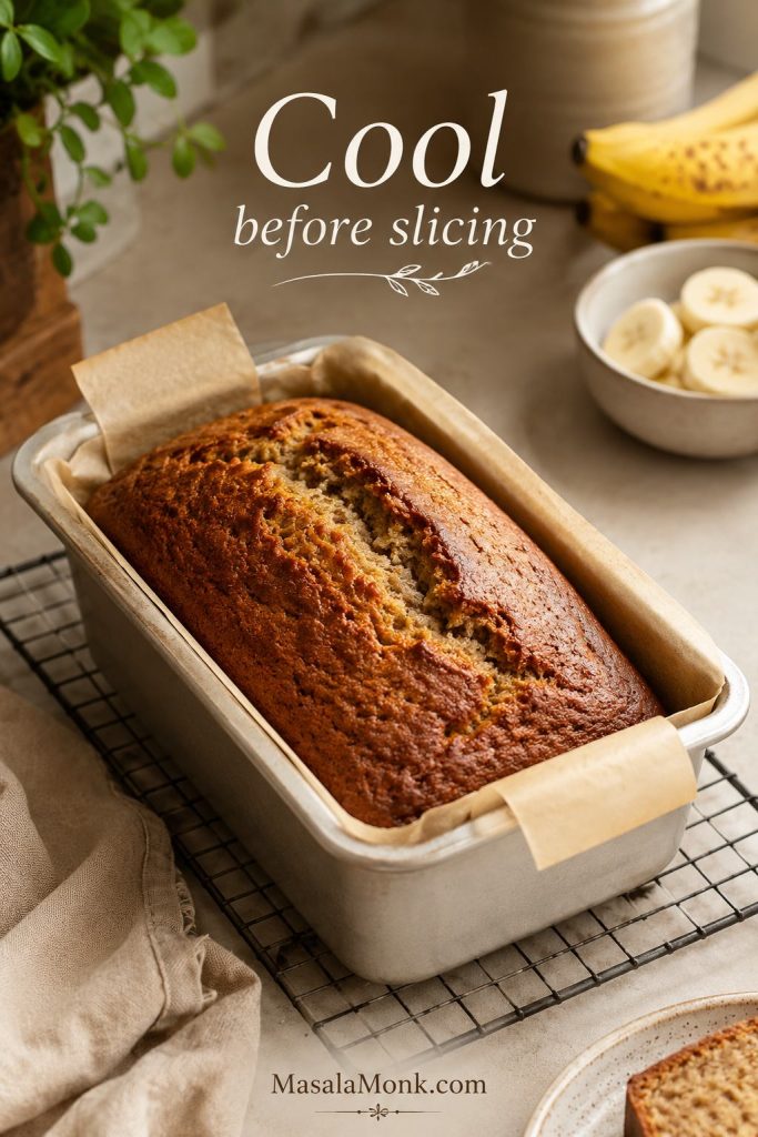 Freshly baked sourdough banana bread cooling in a parchment-lined metal loaf pan on a wire rack with the text “Cool before slicing.”