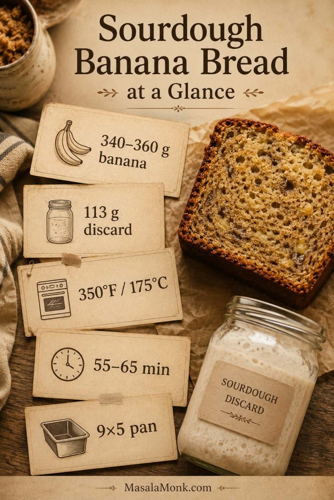 Sourdough banana bread at-a-glance card with 340–360 grams banana, 113 grams discard, 350 degrees Fahrenheit, 55–65 minutes, and 9×5 pan.
