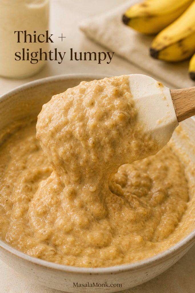 Thick slightly lumpy sourdough banana bread batter lifted with a spatula and the text “Thick + slightly lumpy.”