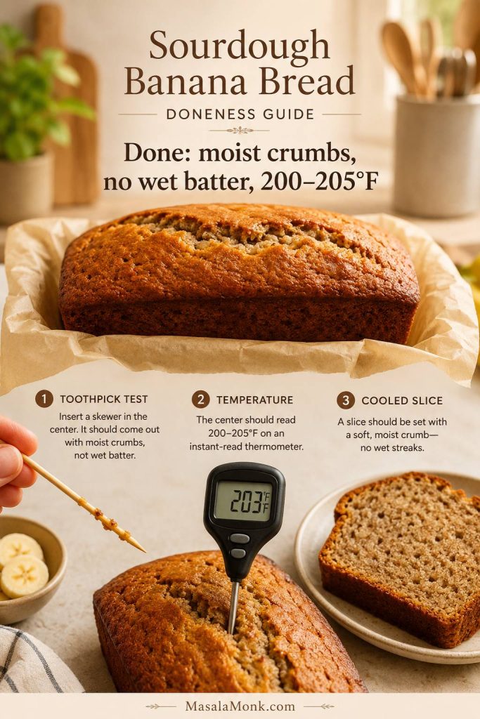 Sourdough banana bread doneness guide with skewer crumbs, thermometer reading 203 degrees Fahrenheit, and a clean slice.