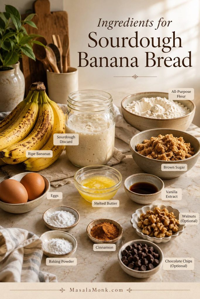 Ingredients for sourdough banana bread including ripe bananas, sourdough discard, flour, brown sugar, eggs, butter, vanilla, cinnamon, baking soda, baking powder, walnuts, and chocolate chips.