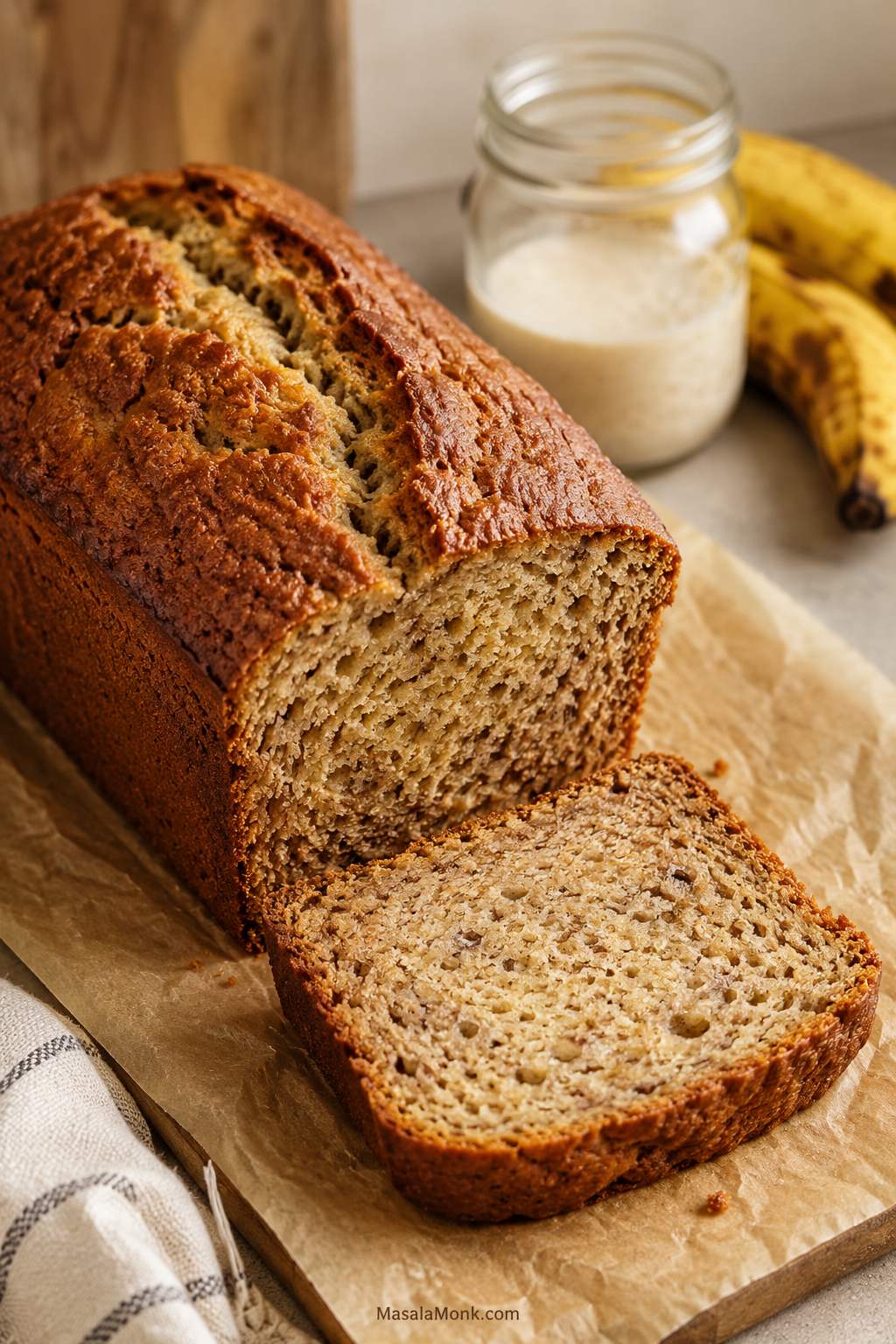Sliced sourdough banana bread loaf on parchment with a moist crumb, ripe bananas, and a jar of sourdough discard in the background.