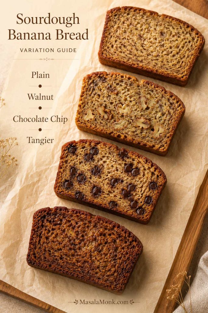 Sourdough banana bread variation guide with plain, walnut, chocolate chip, and tangier slices arranged on parchment.