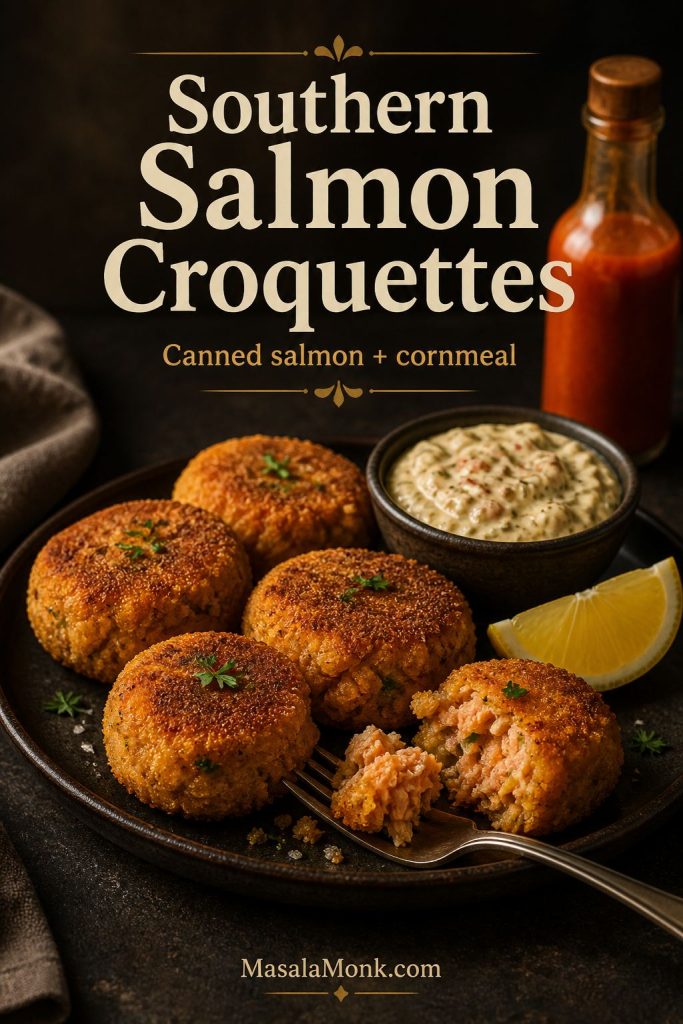 Southern-style salmon croquettes with a cornmeal crust served with sauce, lemon, herbs, and one croquette broken open