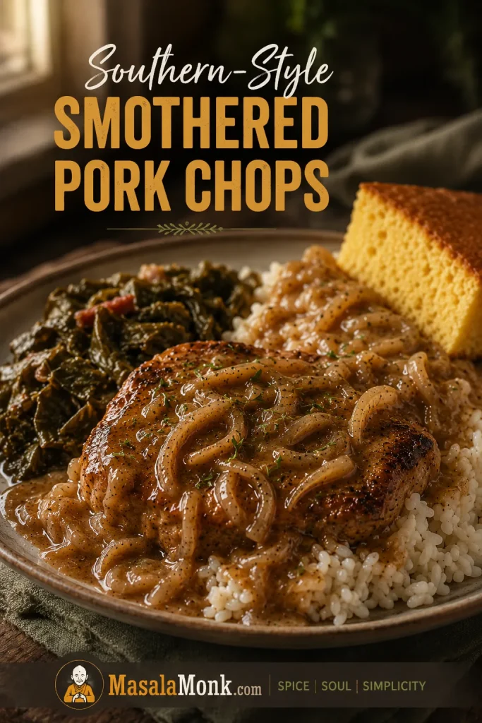 Southern-style smothered pork chop with onion gravy, white rice, collard greens, and a piece of cornbread.