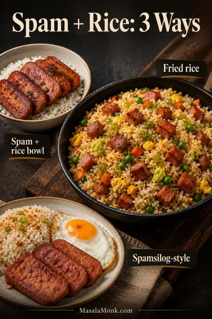 Three dishes labeled Spam and rice bowl, fried rice, and spamsilog-style, showing different ways to serve Spam with rice.