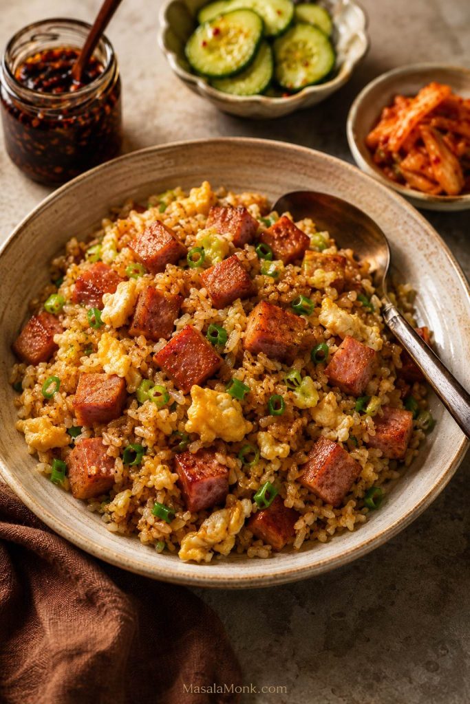 A plated serving of fried rice with browned Spam cubes, egg, scallions, chili crisp, cucumber, and kimchi side dishes.