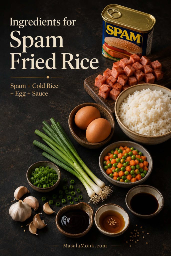 Ingredients for Spam fried rice arranged on a dark surface, including Spam, cold cooked rice, eggs, peas, carrots, scallions, garlic, soy sauce, oyster sauce, and sesame oil.