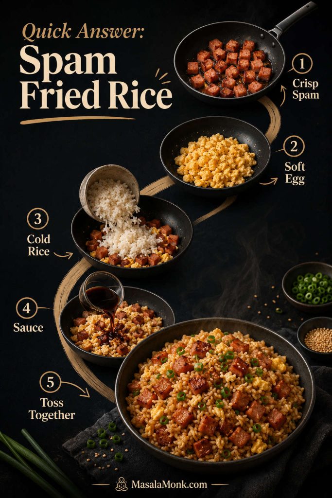A quick visual guide showing browned Spam, soft scrambled egg, cold rice, sauce, and the finished fried rice pan.