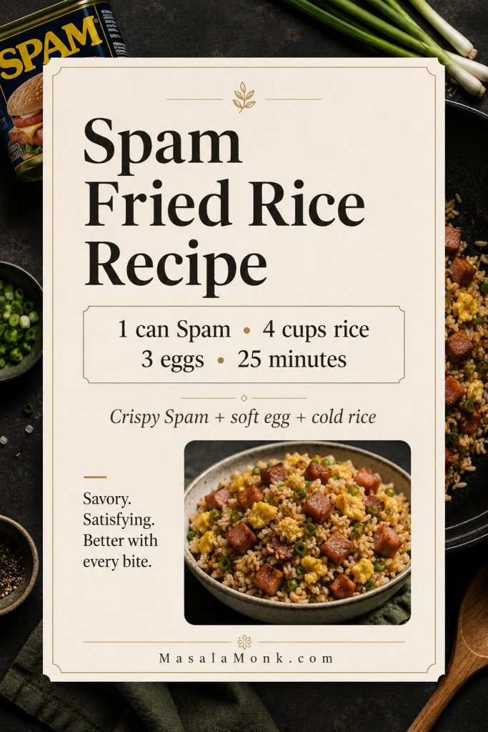 A saveable recipe card showing the base ratio of one can of Spam, four cups of rice, three eggs, and a 25-minute cooking time.