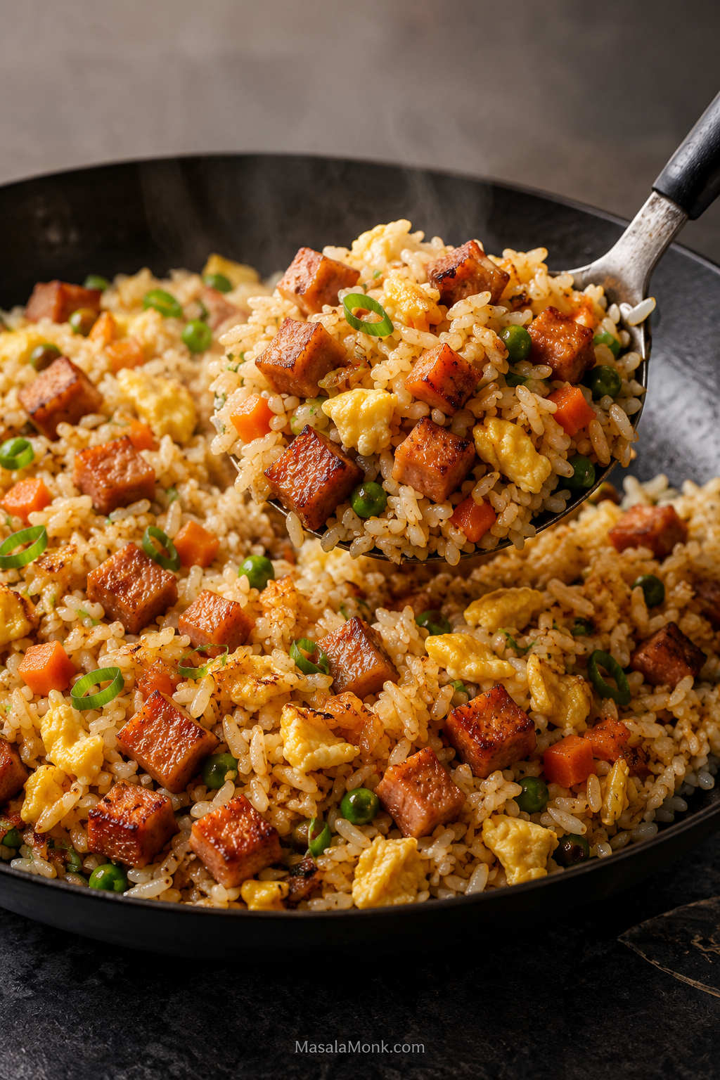 A skillet of fried rice with browned Spam cubes, soft scrambled egg, peas, carrots, scallions, and glossy separated rice being lifted with a spoon.