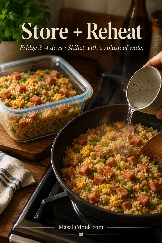 Fried rice stored in a clear airtight container and reheated in a skillet with a small splash of water.